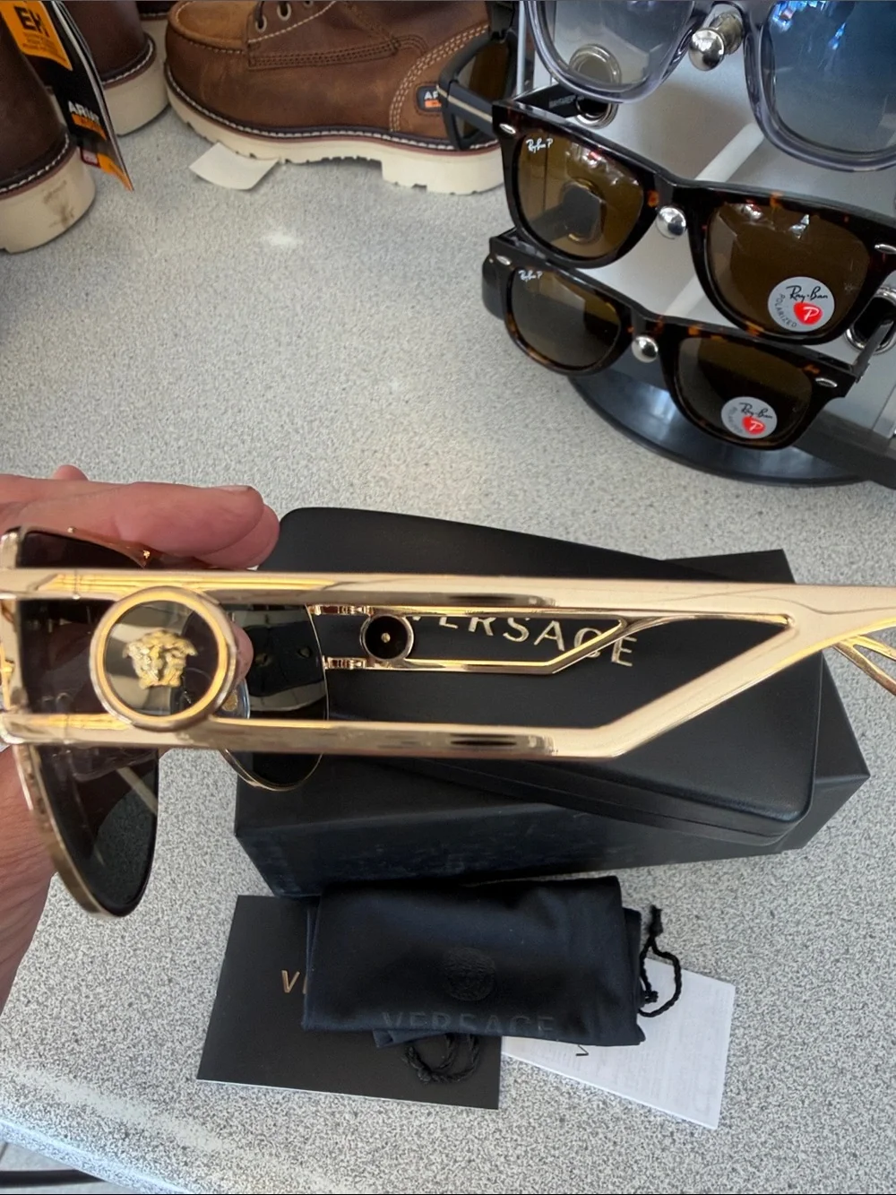 Versace Gold Frame Black Lens Aviator Sunglasses with Medusa Crest